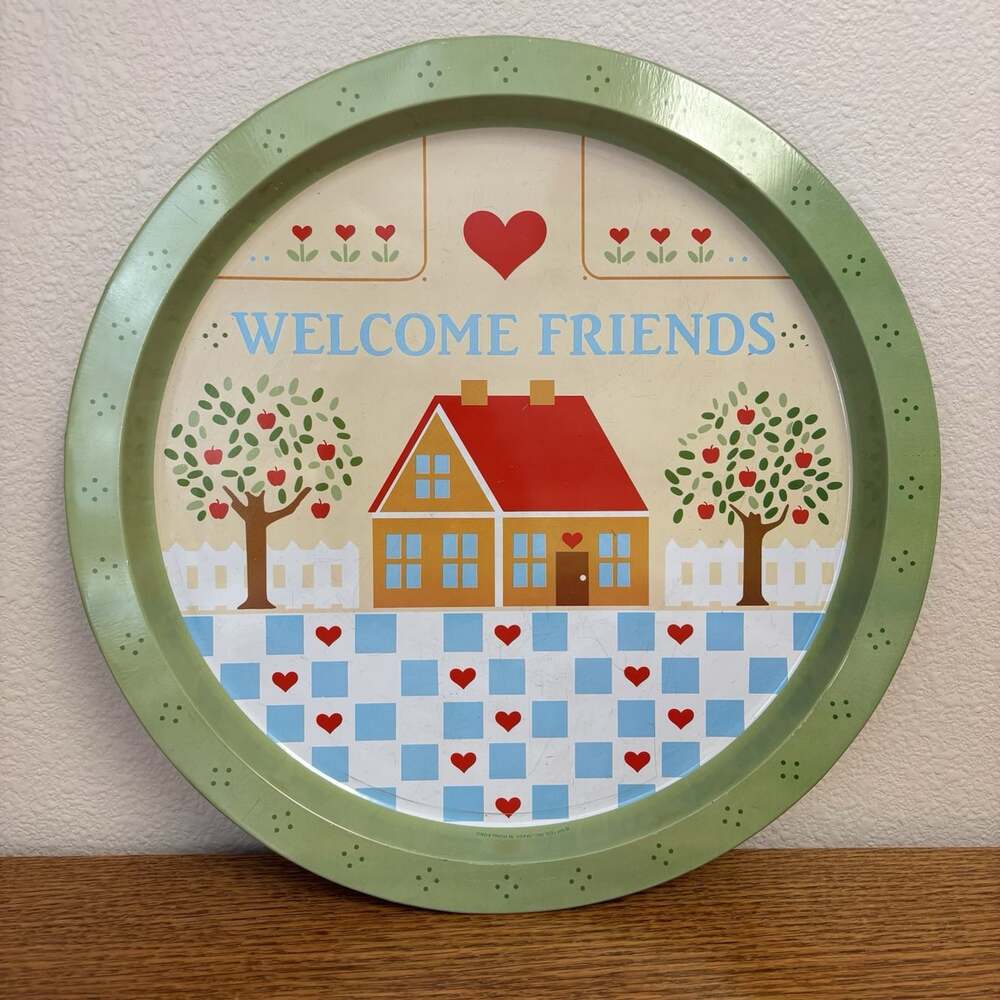 Vintage Welcome Friends Country Hearts 13” Round Metal Tray Cottage Core Decor